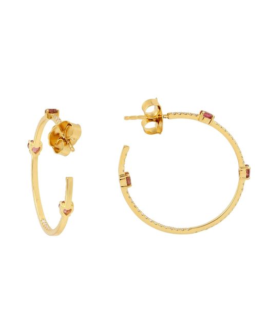 Artisan Metallic 14k Yellow Gold Pave Diamond Pink Tourmaline Hoop Earrings Handmade Jewelry