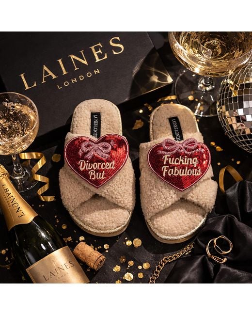 Laines London Pink Neutrals Laines Neutral Boucle Slippers With Divorced But Fucking Fabulous Brooches