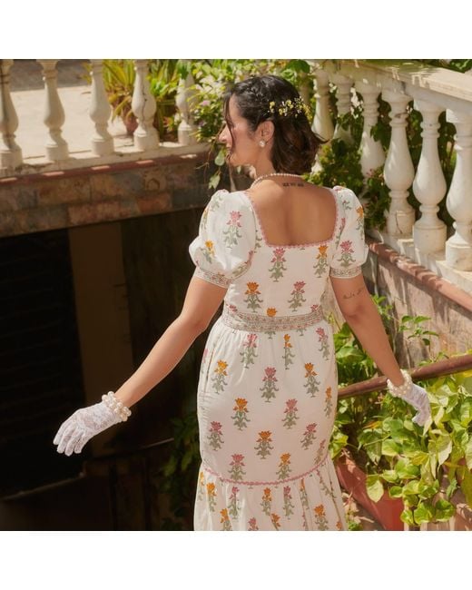 Echo of Pink White Juliet Hand Block Print Maxi Dress