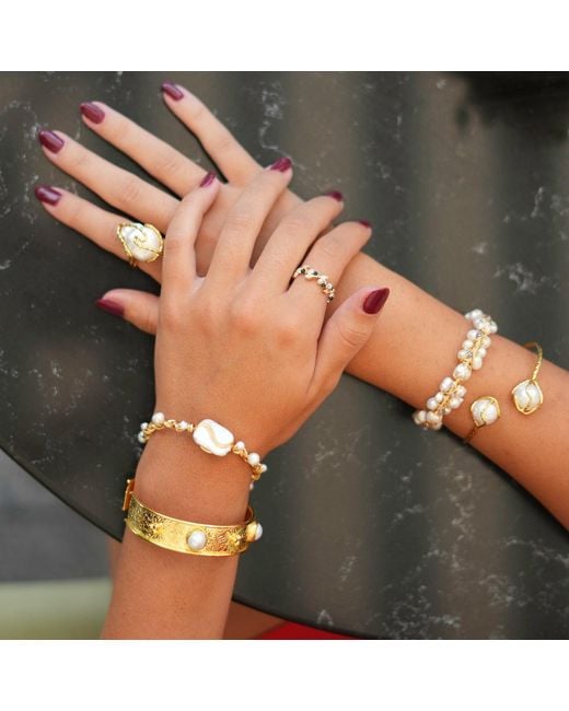 Ebru Jewelry Metallic Pearl Embellished Gold Cuff Bracelet