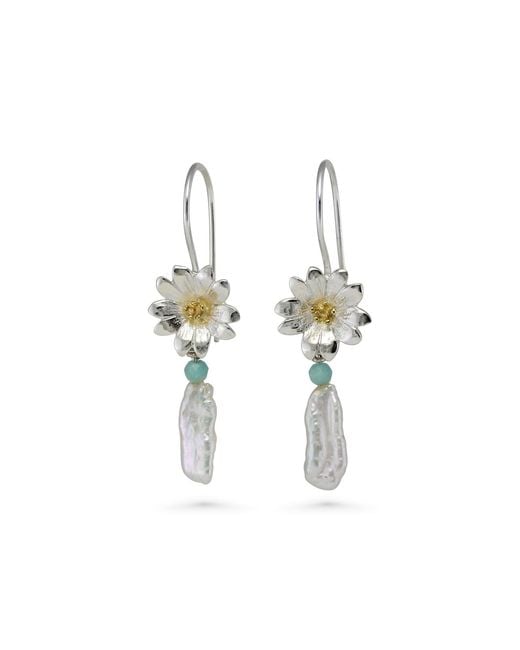 Isla Silver Metallic Sterling Baroque Pearl & Flower Dangle Earrings With Aventurine Bead