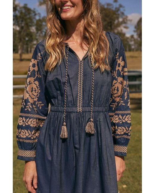 Adrift Clothing Blue Tabitha Embroidered Chambray Dress