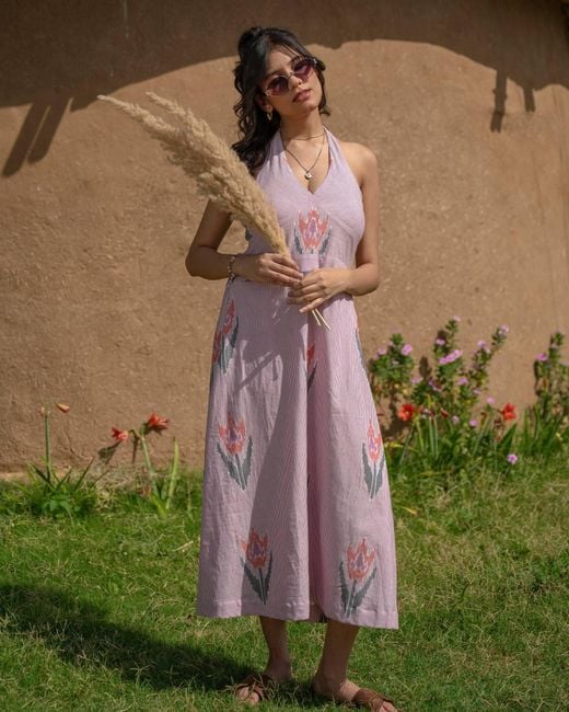 Charkha & Loom Pink Desert Rose Ikkat Midi Dress