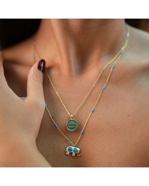 Ebru Jewelry Metallic Wishful Elephant & Evil Eye Enamel Pendant Chain Necklace