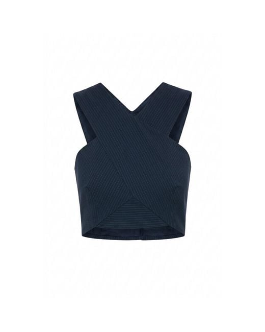 Rue Les Createurs Blue Asymmetric Detailed Striped Crop Bustier