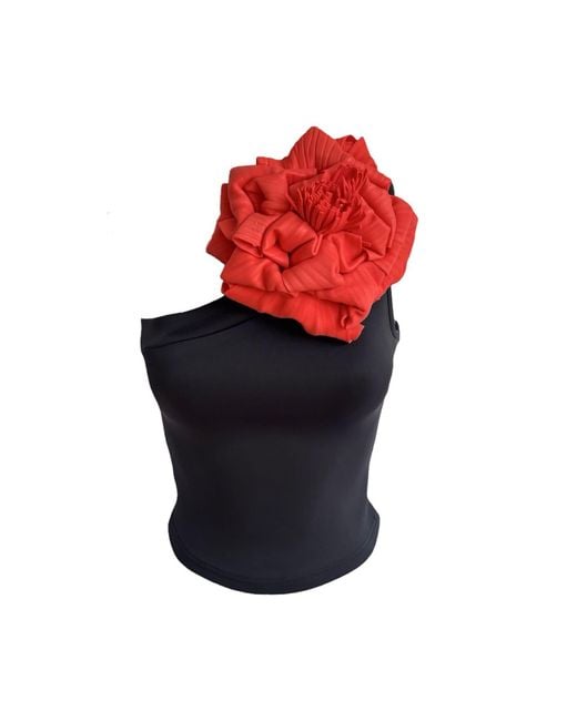 London Atelier Byproduct Red One Shoulder Top With Flower Pin