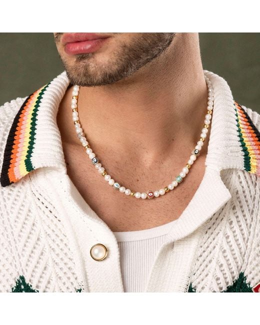 Nialaya Metallic Evil Eye Pearl Necklace for men