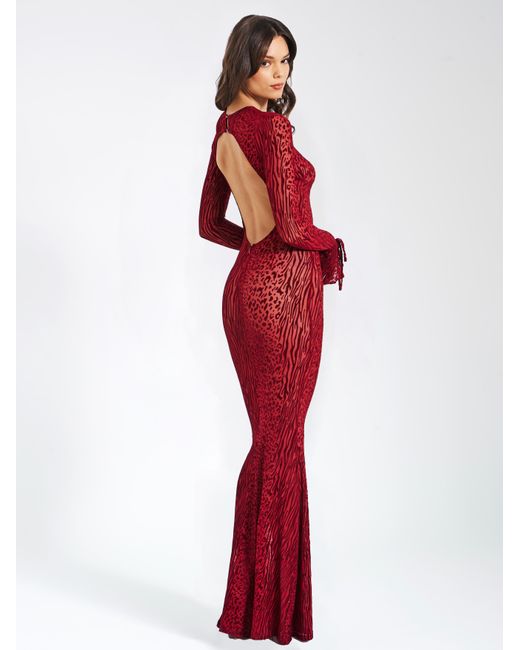 Miss Circle New York Red Waylynn Burnout Velvet Detail Mesh Backless Maxi Dress