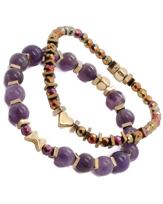 Ebru Jewelry Multicolor Butterfly & Heart Charm Amethyst Beaded Bracelet Set