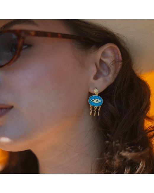 Ebru Jewelry Blue Lucky Fish Mosaic Drop Earrings