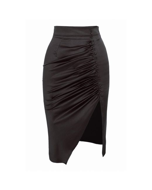 AVENUE No.29 Black Ruched Side Midi Skirt With Button Detail
