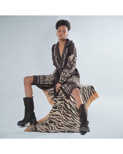 LOVEIST STORE Brown Caprica Jacquard Long Cardigan – Modern Boho Luxury Knit