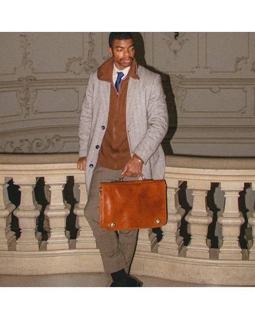 Time Resistance Brown Leather Briefcase Laptop Bag for men