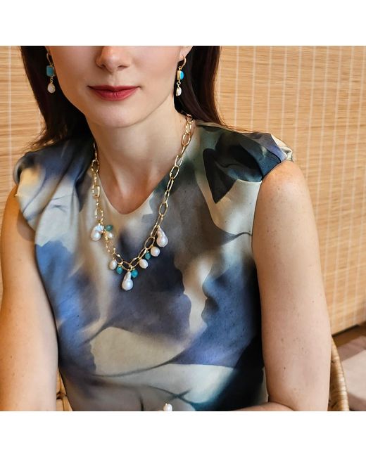 Farra Metallic Baroque Pearls With Amazonite Charm Chain Necklace