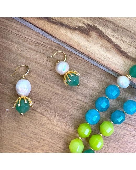 Farra Blue Freshwater Pearls With Jade Dangle Hook Earrings