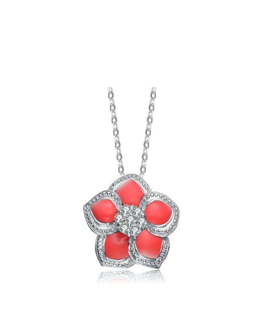 Genevive Jewelry Sterling Silver White Cubic Zirconia Red Flower Pendant