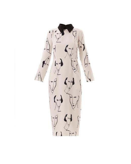 Julia Allert Natural White Designer Fitted Dress With Faces Print