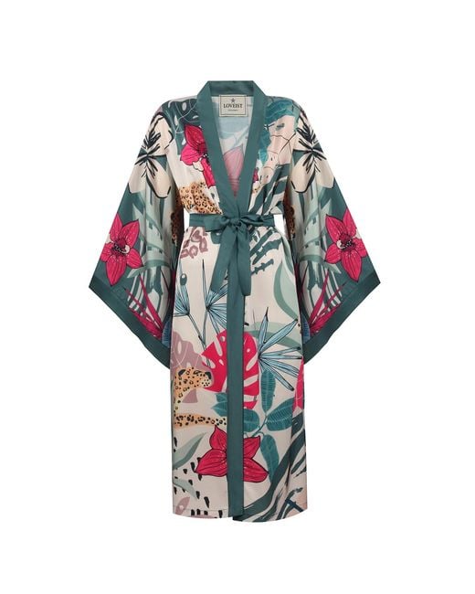 LOVEIST STORE Blue Del Rey Tropical Leopard Silky Satin Printed Kimono
