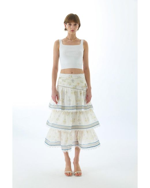 We Are Kindred White Cynthia Silk Tiered Midi Skirt