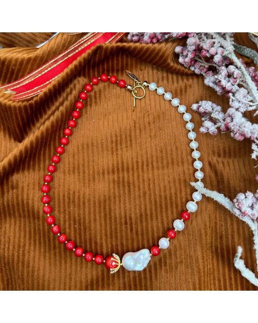 Farra Red Freshwater Pearls And Coral With Baroque Pearls Elegant Necklace