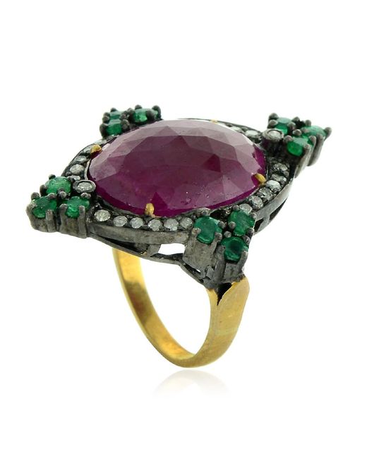 Artisan Green Gold Silver Pave Diamond Ruby Emerald Gemstone Cocktail Ring Handmade