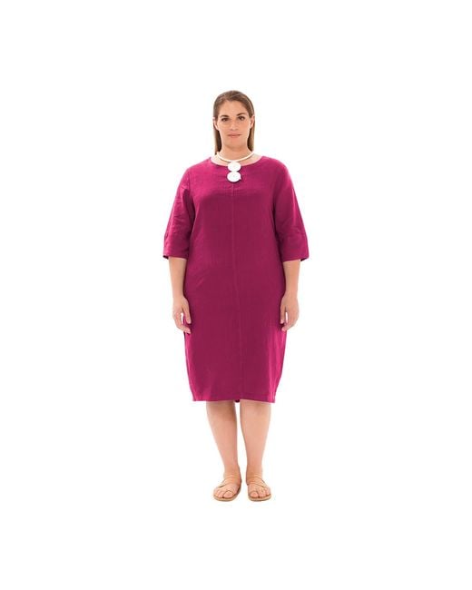 Haris Cotton Pink Keyhole Neckline Curve Midi Linen Dress With Three Quarters Sleeves Pomegranate