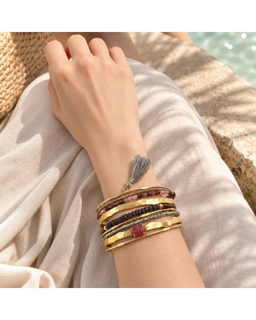 Rare Matters Jewelry Metallic Boho Beaded Hammered Wire Cuff Bracelet With Jade & Tassel
