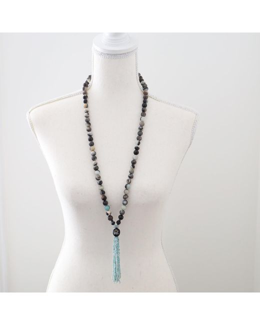 Shar Oke Metallic Neutrals Natural Amazonite & Larimar Tassel Beaded Necklace