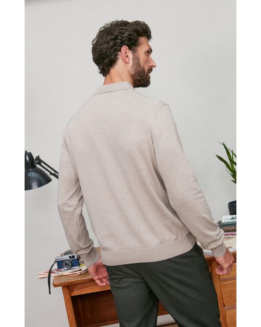 Paul James Knitwear Gray Neutrals Lightweight Cotton Hall Long Sleeve Knitted Polo Shirt for men