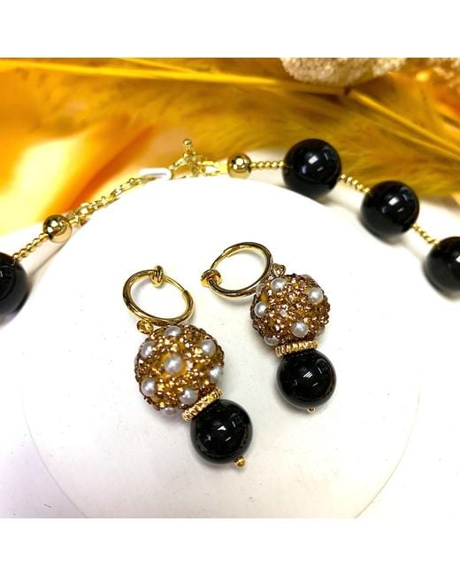 Farra Metallic Round Rhinestones Bordered Pearls With Obsidian Clip On Earrings