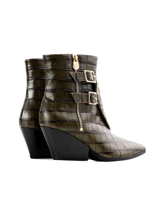 Rosamund Muir London Brown Beatrix Crocodile Print Ankle Boots