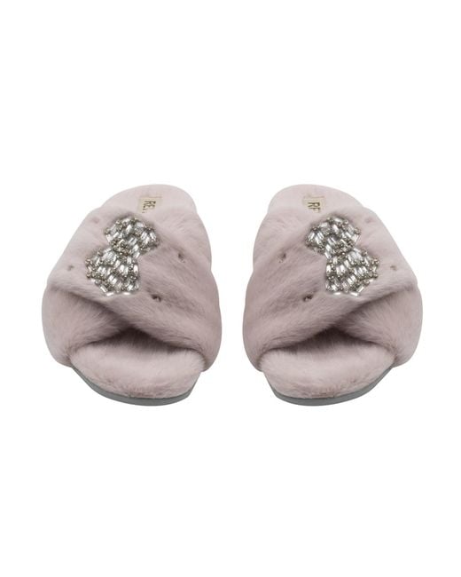 Rettrose Gray Neutrals Fefe Nude Luxury Plush Diamanté Bow Embellished Handmade Slipper