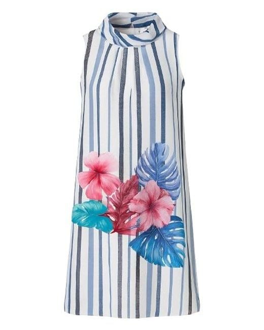 Conquista White Print Sleeveless Dress With Upright Collar