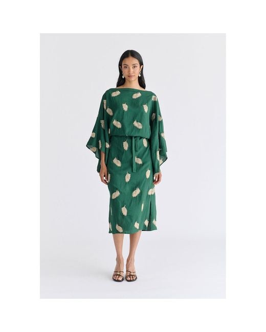 Paisie Green Leaf Embroidered Kimono Sleeves Midi Dress