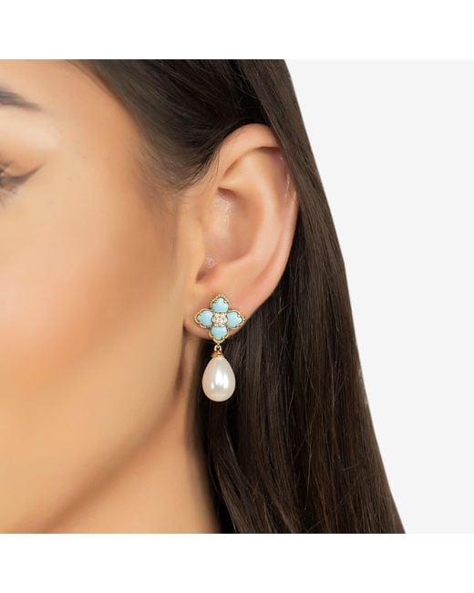 Latelita London Blue Flower Clover Pearl Drop Earrings