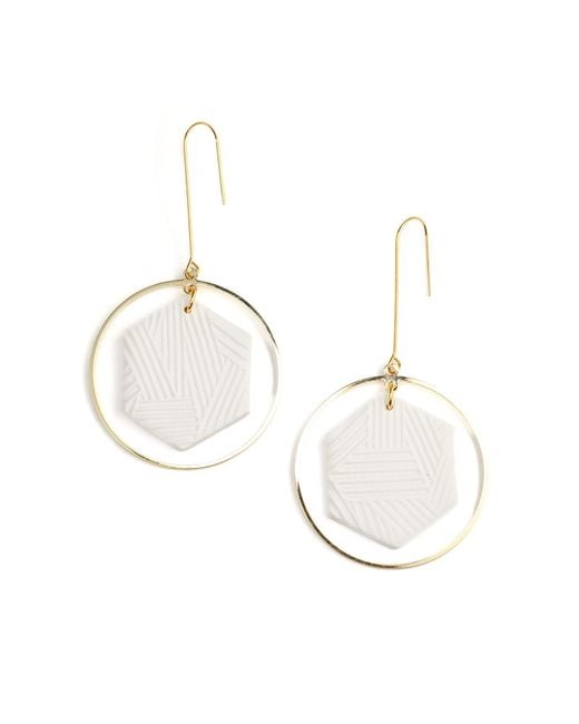 By Chavelli White Hexagon Halo Dangly Earrings