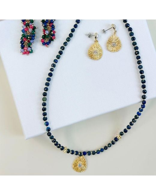 Farra Metallic Dainty Lapis With Zircon Inset Pendant Necklace