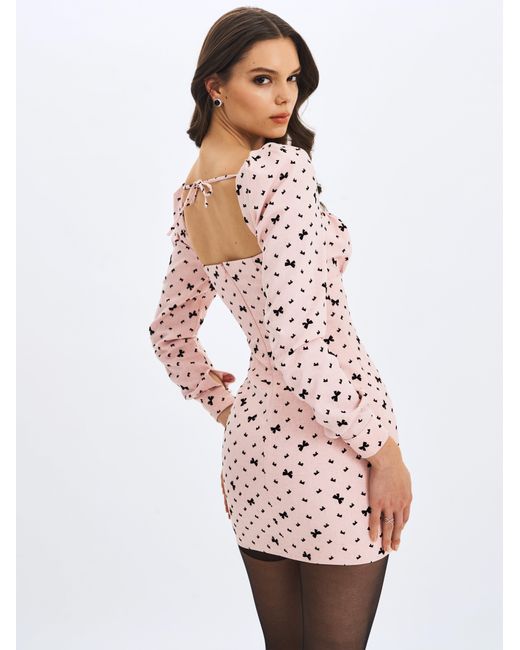 Miss Circle New York Pink Perla Baby Ruched Bust Velvet-Embossed Bow Mini Dress