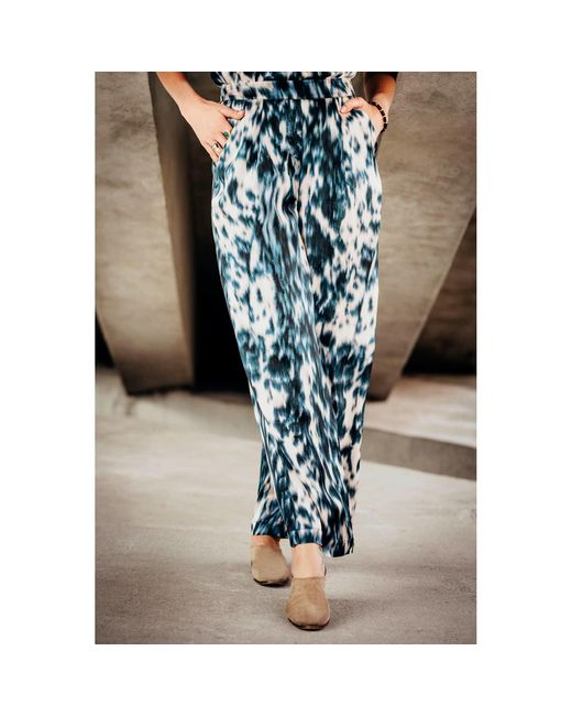 Oh!Zuza Blue Neutrals Echo Wide-Leg Viscose Satin Trousers – Print