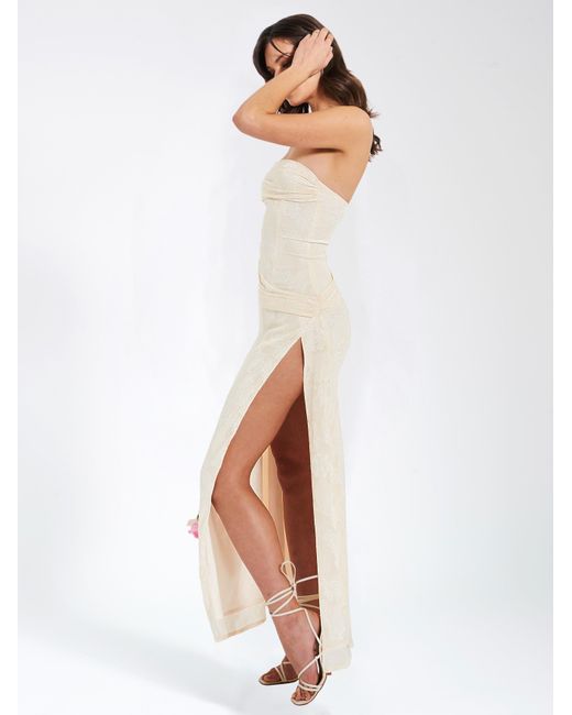 Miss Circle New York White Neutrals Xatia Off Jacquard Textured High Slit Maxi Dress