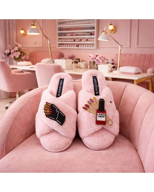 Laines London Pink Classic Laines Slippers With Cocoa Nail Tech Brooches