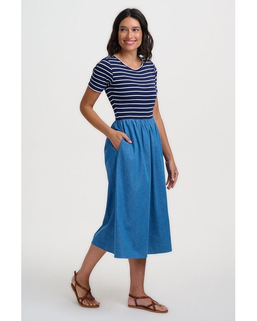 Sugarhill Blue Rhian Jersey & Woven Mix Midi Dress, Off, Stripe & Denim