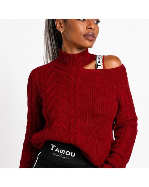 Chuks Collins Red Neutrals Victorian Cut Out Shoulder Ivory Sweater