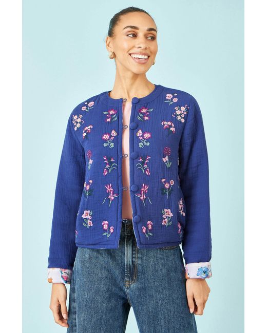 Yumi' Blue Floral Embroidery Cotton Jacket