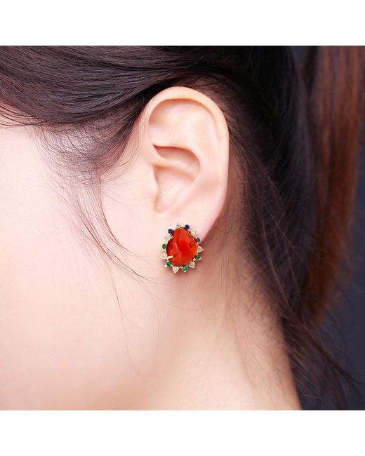 Artisan Orange Fire Opal, Sapphire & Emerald Diamond Halo Stud Earrings