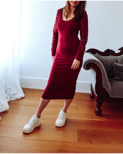 Sophie Cameron Davies Red Burgundy Lace Sleeve Jersey Midi Dress