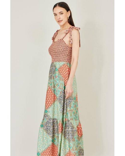 Yumi' Green Multicolour Patchwork Ruched Smocked Maxi Sundress