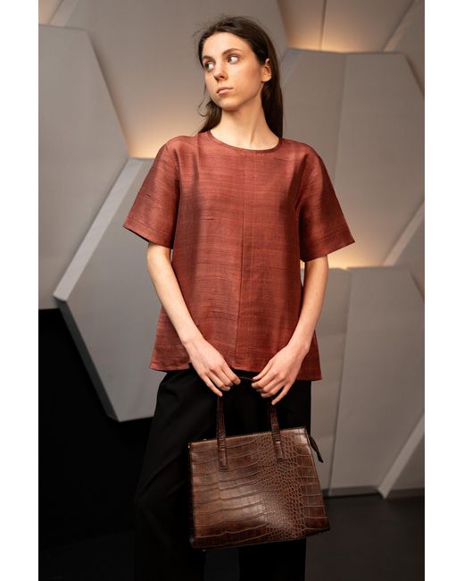 Stovaria Red Pure Silk Mocha Half Sleeve Blouse