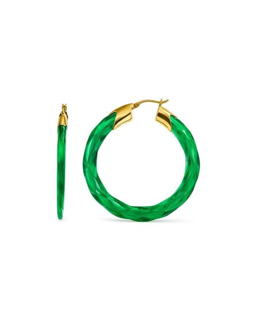 Gold & Honey Green Emerald Swirl Twist Lucite Birthstone Hoop Earrings