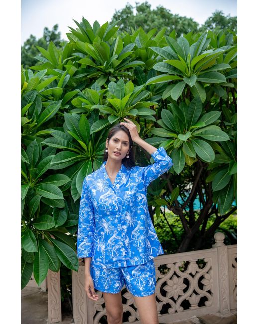 NoLoGo-chic Blue Jungle Print Cotton Poplin Shorts Pj Set